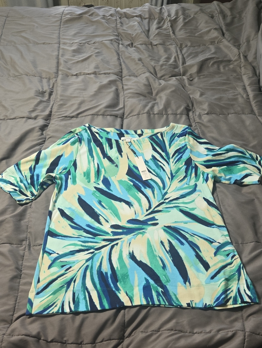 Chico's NWT Nautical Leaf-Print Boatneck Tunic in Aqua and Navy SIZE 2